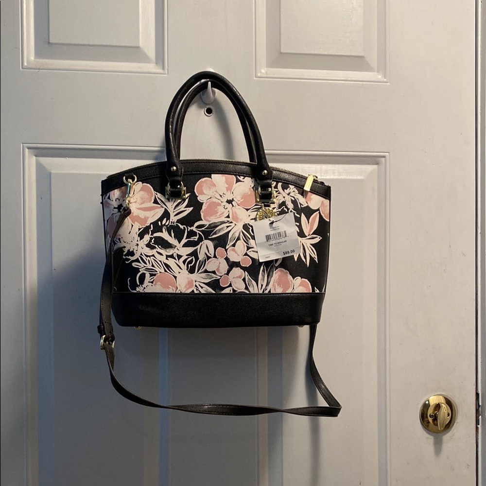 Black and Pink Floral Satchel with Detachable Strap Anne Klein